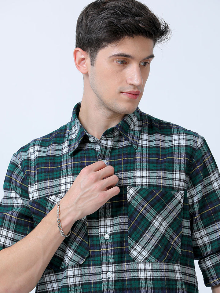 Men's Green Double Pocket Brushed Checks Shirt