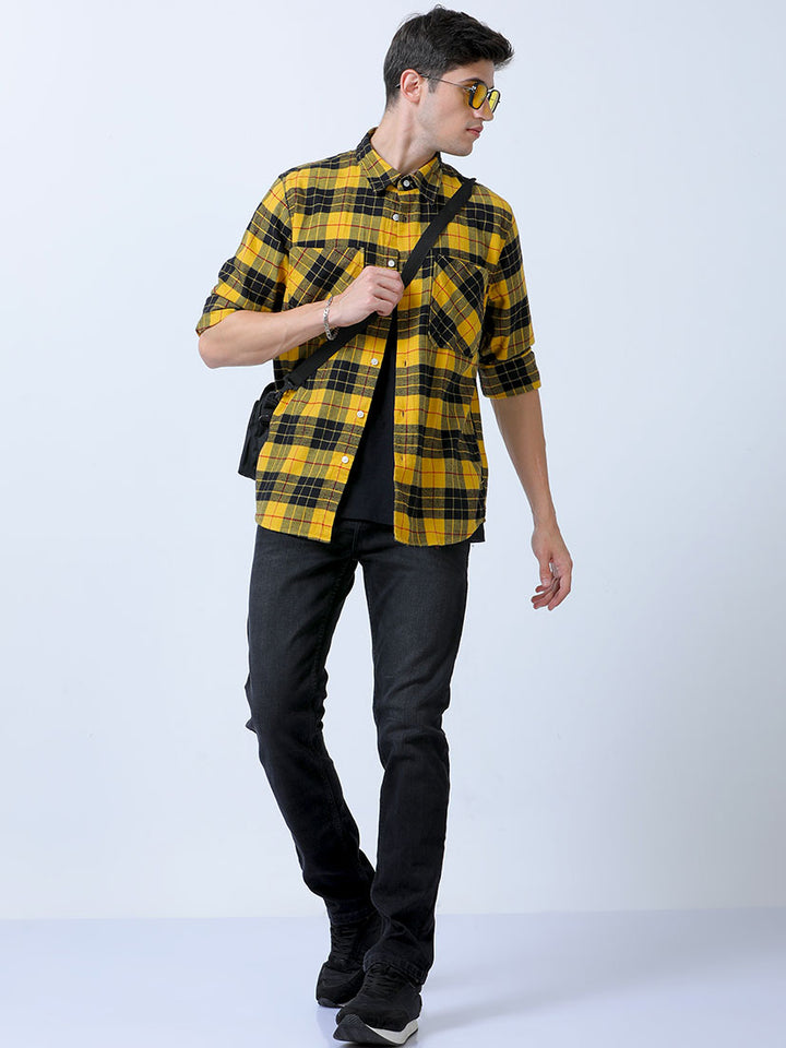 Yellow Double Pocket Brushed Check Shirt From Men's