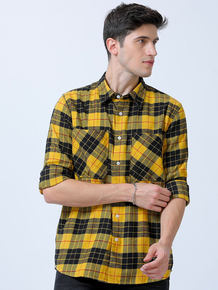 Casual Yellow Double Pocket Brushed Check Shirt From Men's