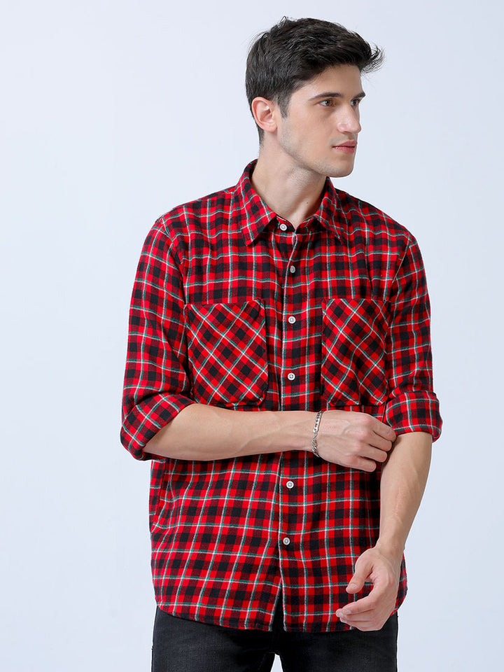 Casual Red Double Pocket Brushed Checks Shirt For Men's
