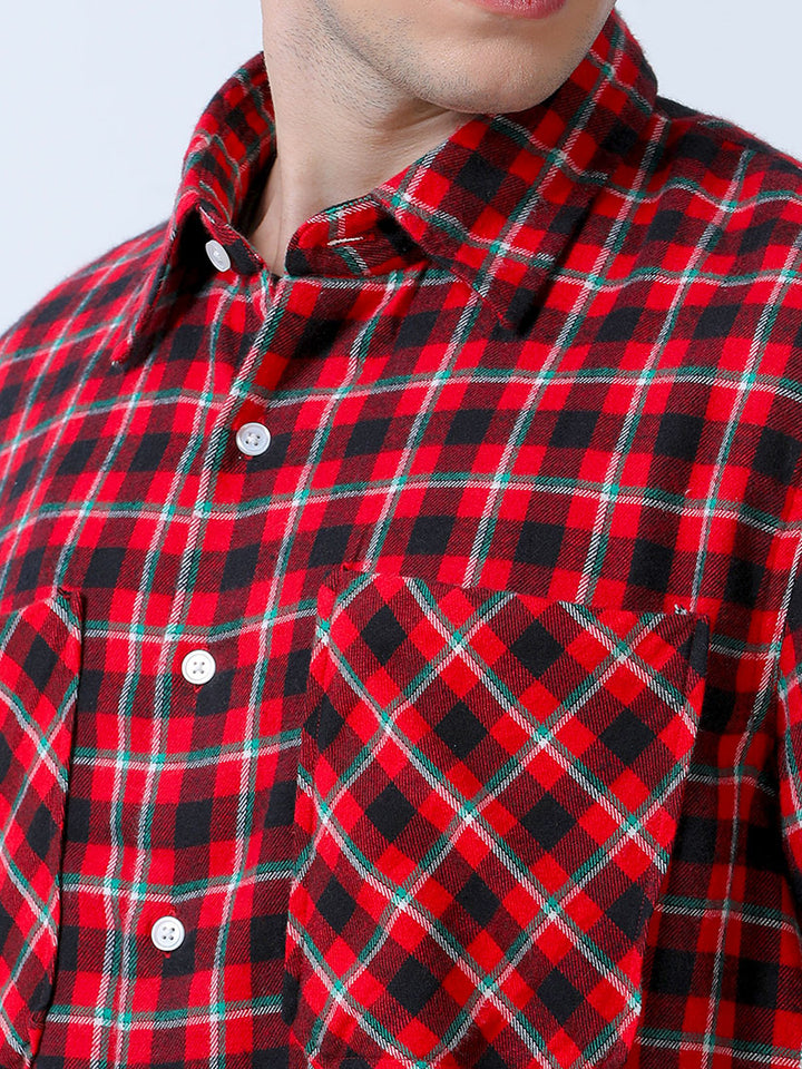 Men's Red Double Pocket Brushed Checks Shirt