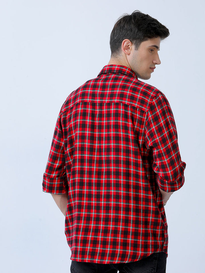 Red Double Pocket Brushed Checks Shirt For Men's