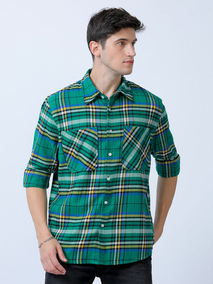 Men's Yellow-Green Double Pocket Brushed Checks Shirt