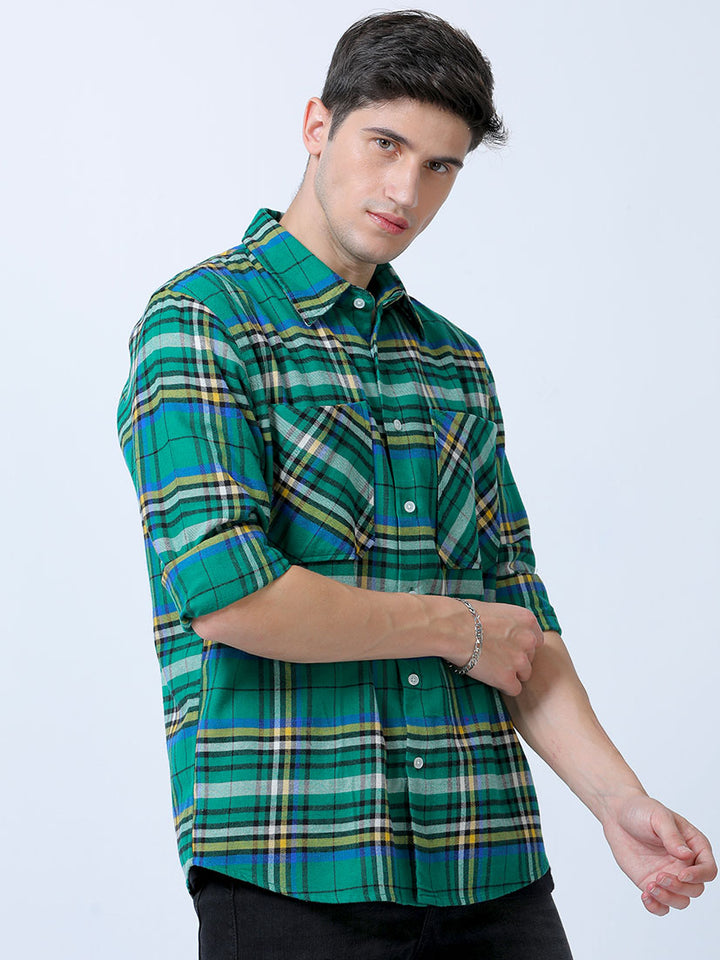 Yellow-Green Double Pocket Brushed Checks Shirt For Men's