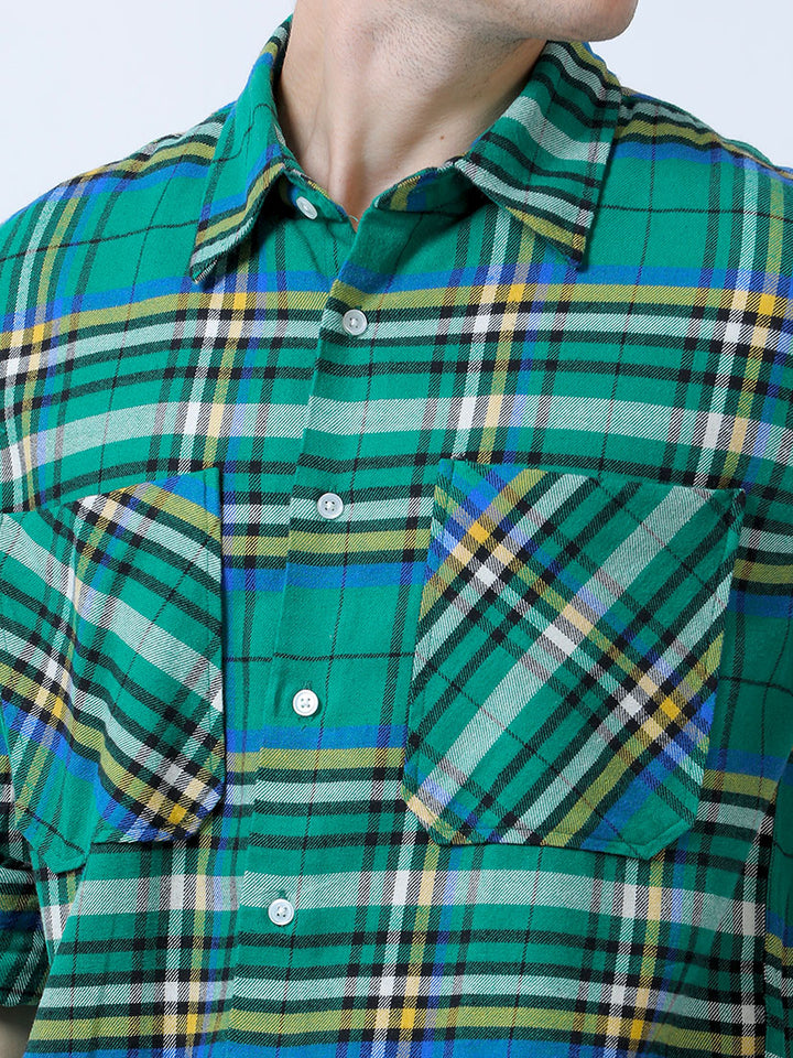 Men's Yellow-Green Double Pocket Brushed Checks Shirt