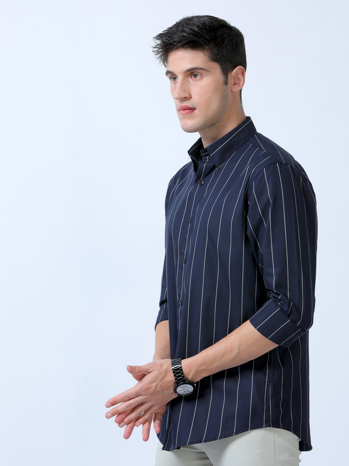 Casual Navy-Blue Stripes Shirt For Men's