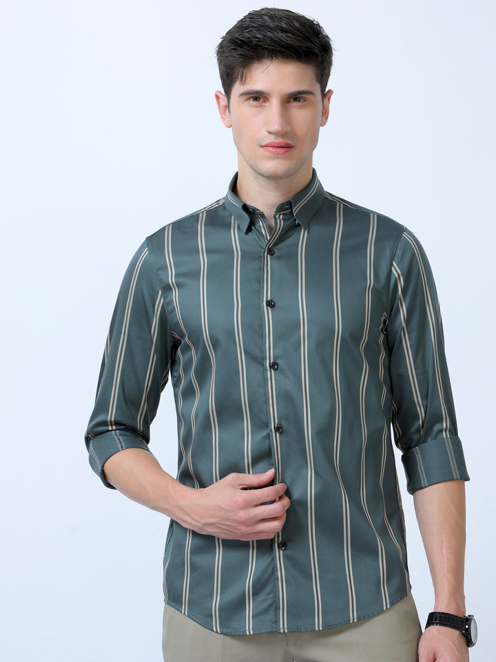 Casual Mineral Green Stripes Shirt For Men's