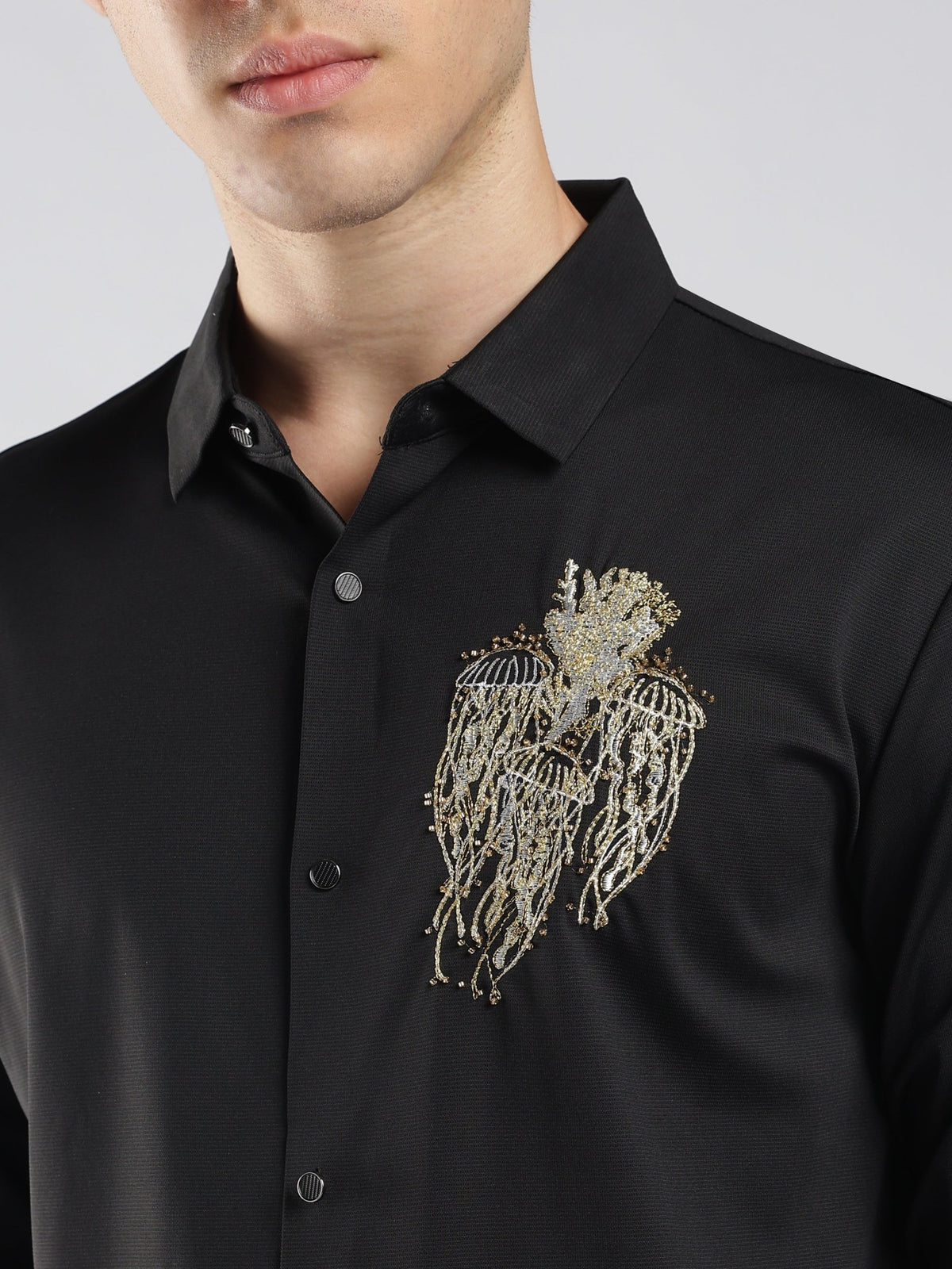 Fatal - Black Shirt with Stone Embellished Jellyfish - Espanshe
