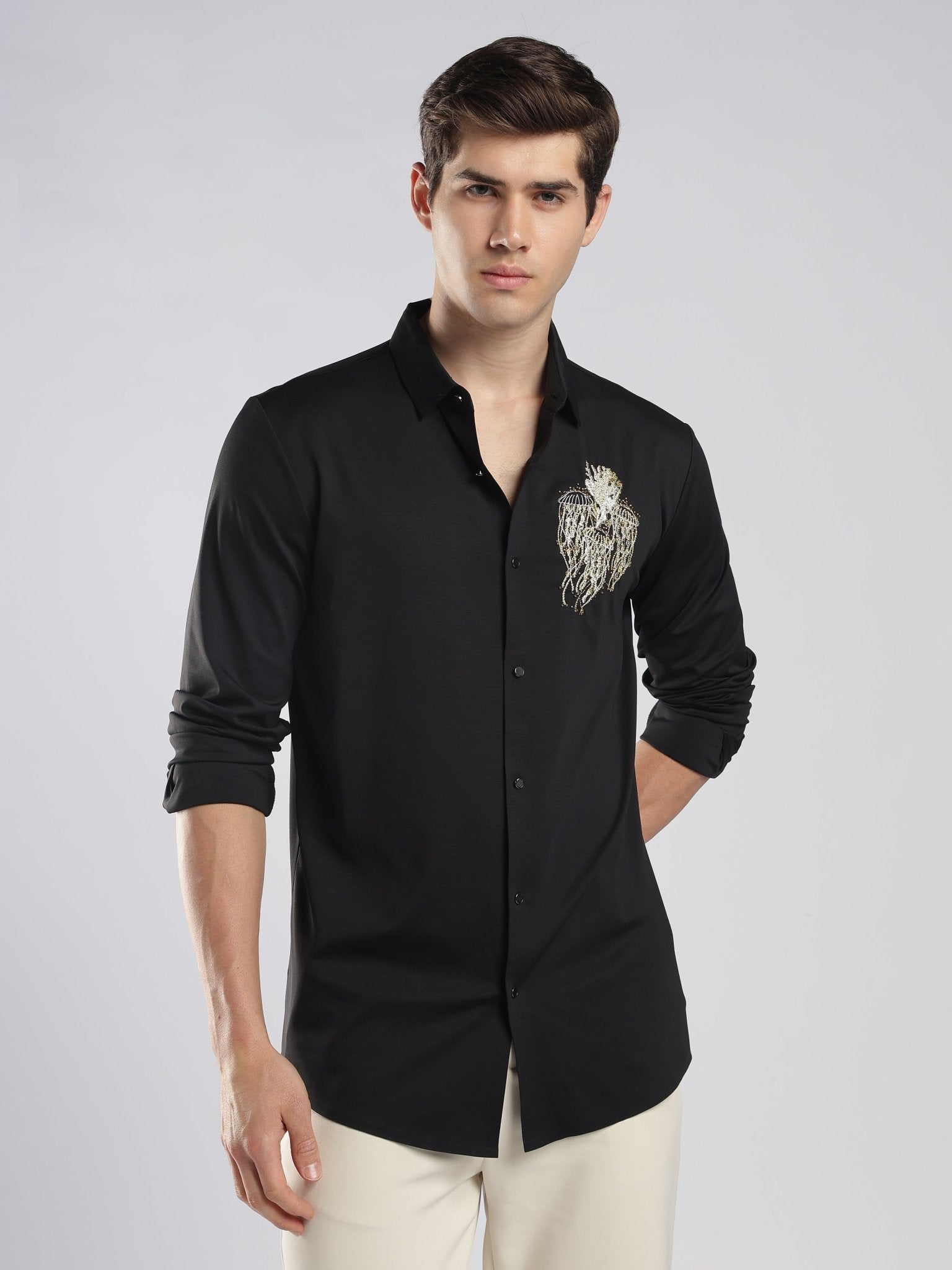 Fatal - Black Shirt with Stone Embellished Jellyfish - Espanshe