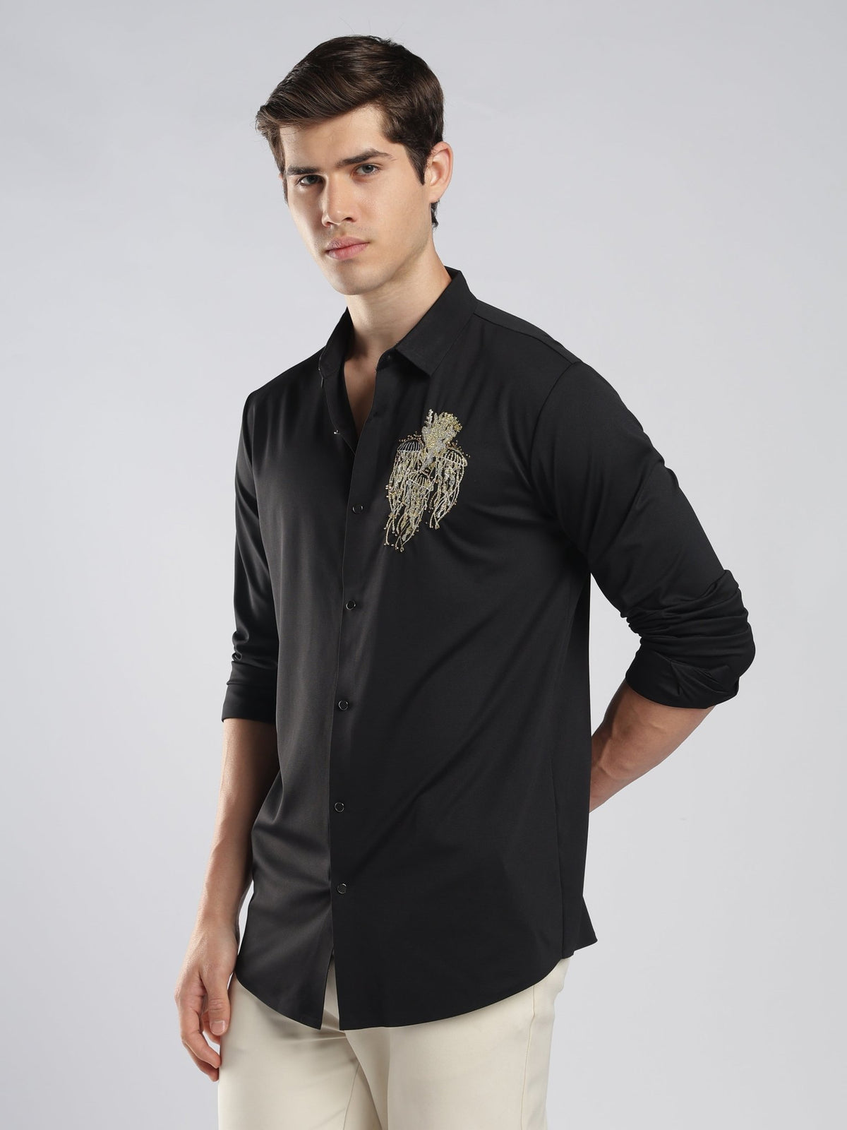 Fatal - Black Shirt with Stone Embellished Jellyfish - Espanshe