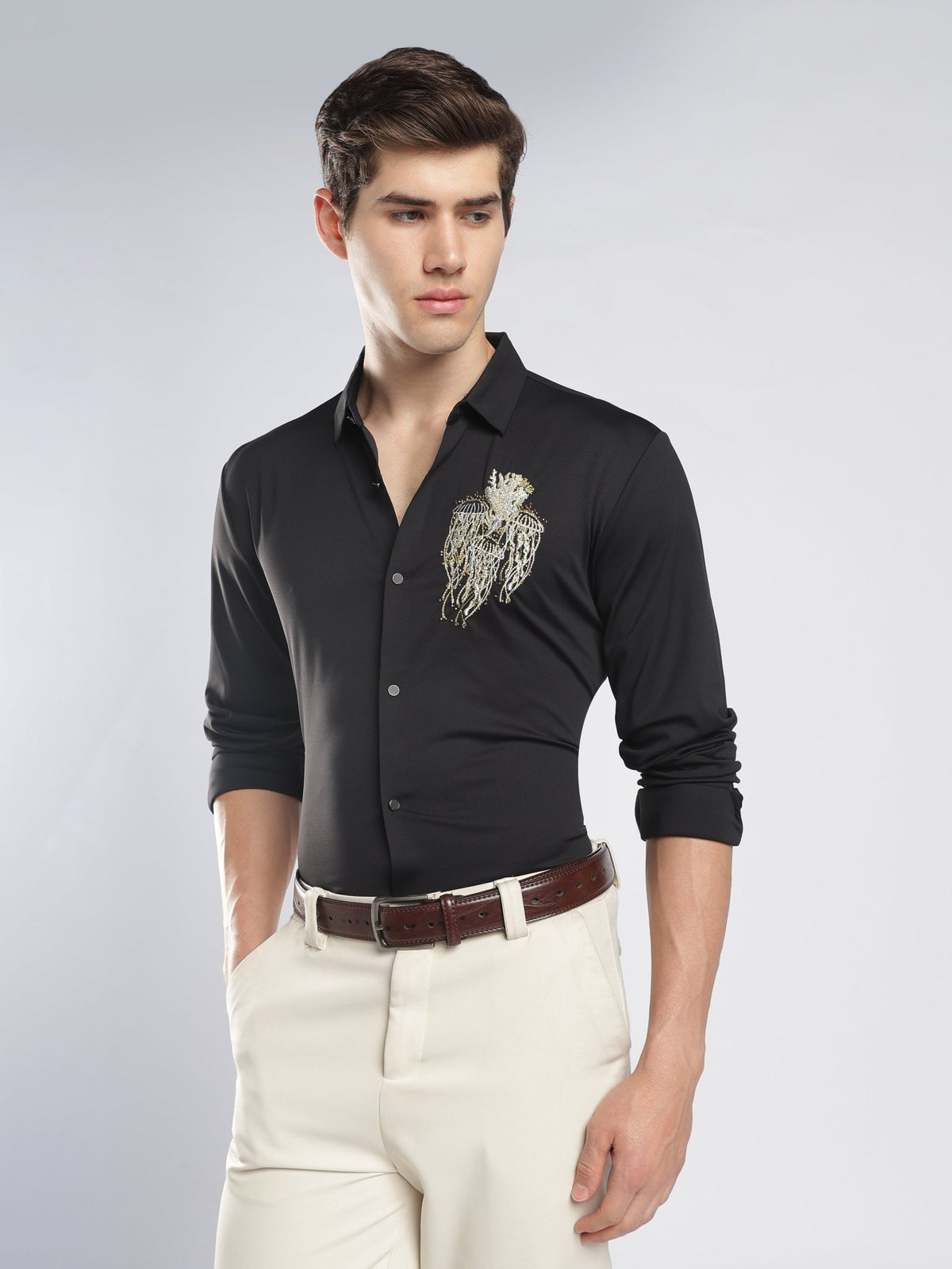 Fatal - Black Shirt with Stone Embellished Jellyfish - Espanshe