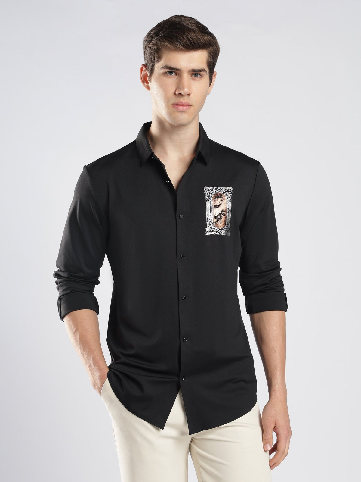 Fatal - Printed Patch Detail Shirt - Black - Espanshe