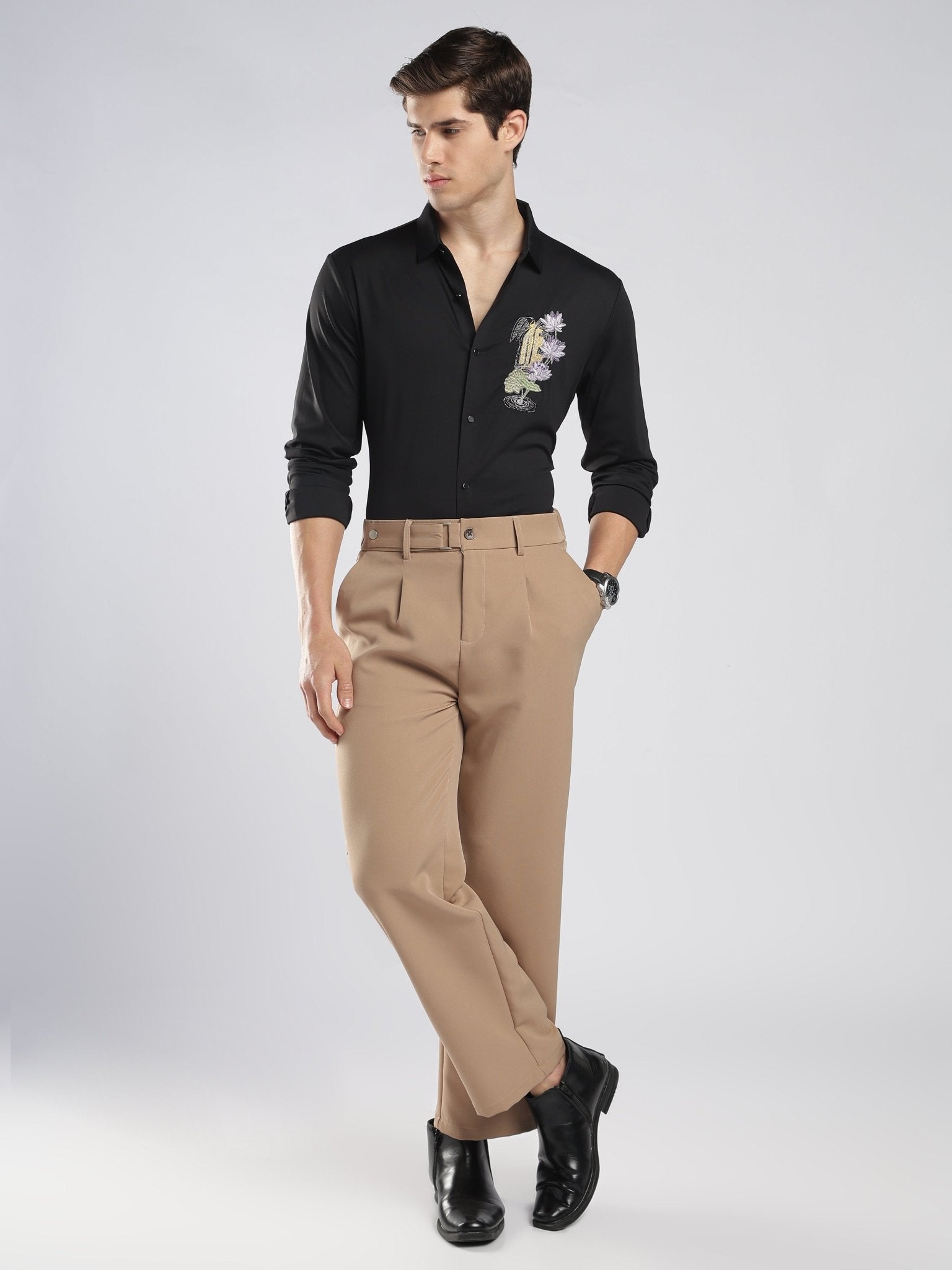 Fatal - Lotus Flower Embroidery Shirt - Black - Espanshe