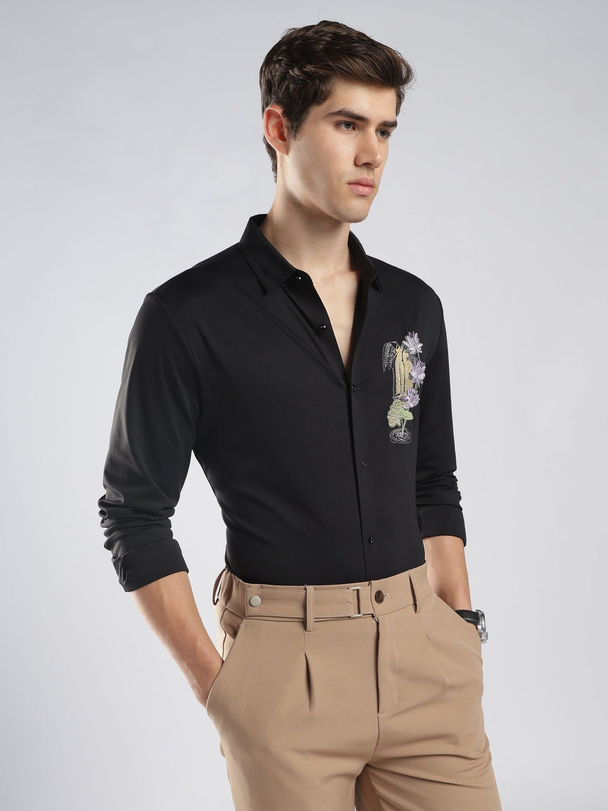 Fatal - Lotus Flower Embroidery Shirt - Black - Espanshe