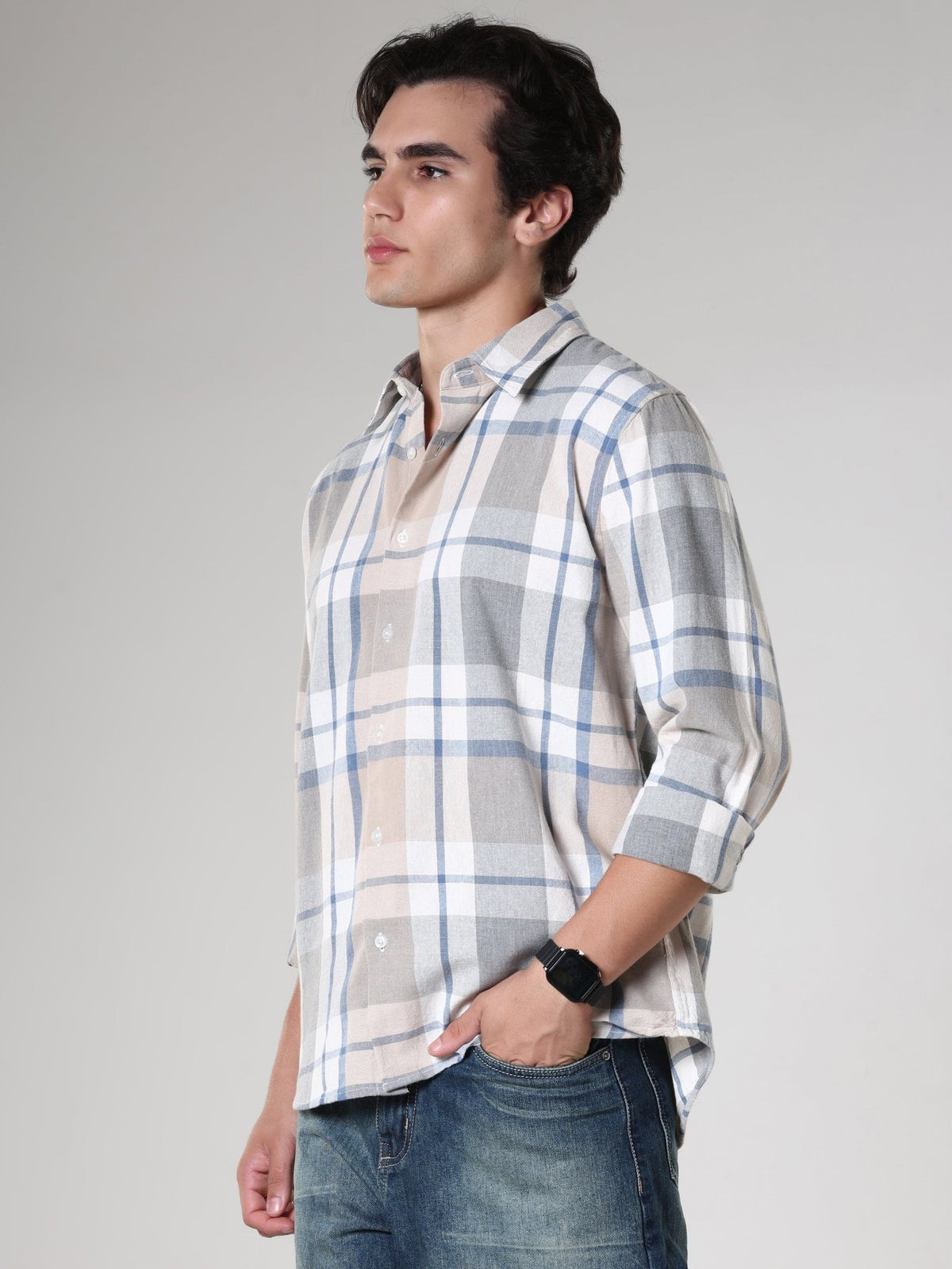Amabel - Checkered Regular fit Shirt - Beige Blue - Espanshe