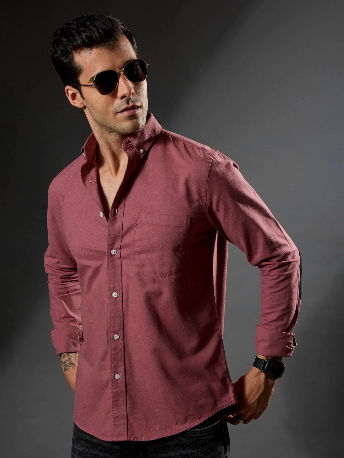 Classy - Turkish Fit Shirt With Elbow Patch - Brick Red - Espanshe