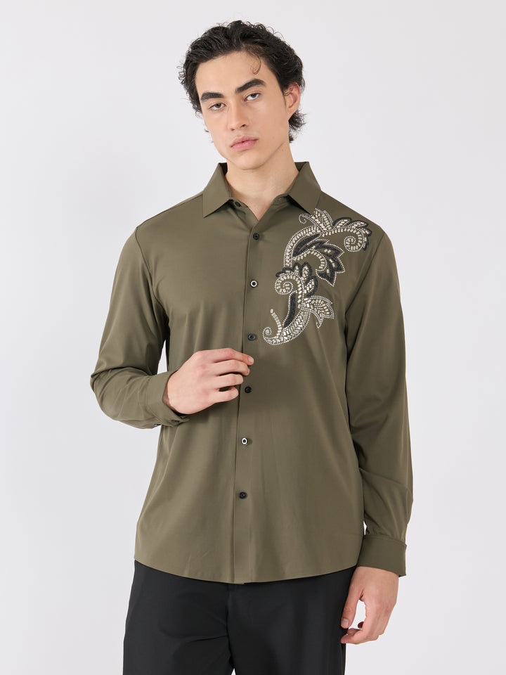 men's  shirt - Ornate Mosaic Embellished with stone- olive
