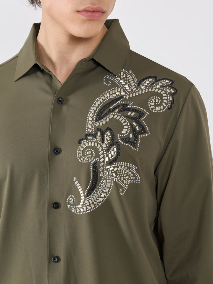 men's  shirt - Ornate Mosaic Embellished with stone- olive
