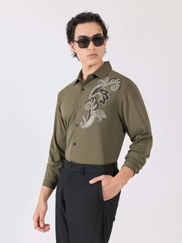 Osmond - Ornate Mosaic Embellished Shirt - Olive