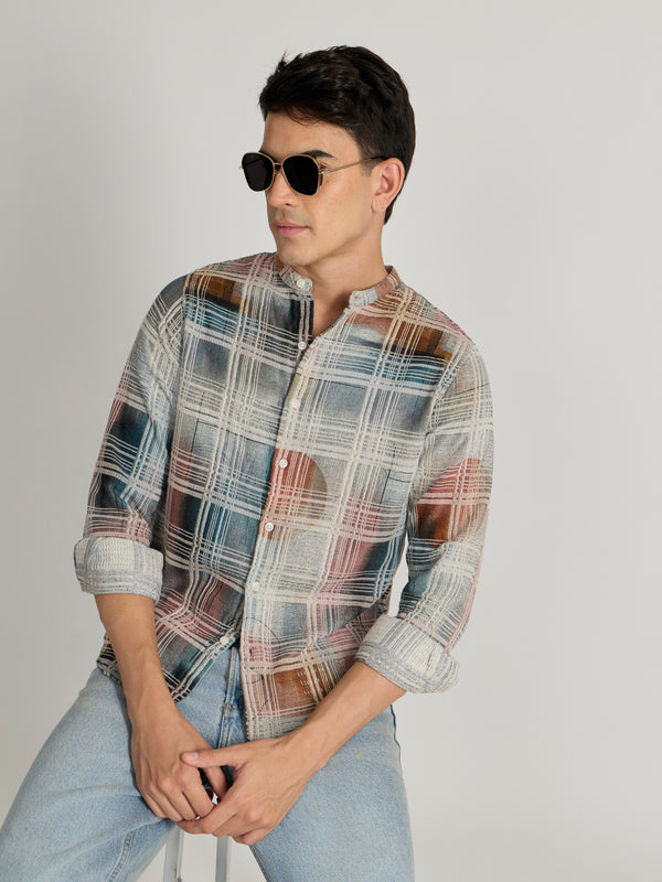 Nevan - Band Collar Checkered Print Shirt - Blue