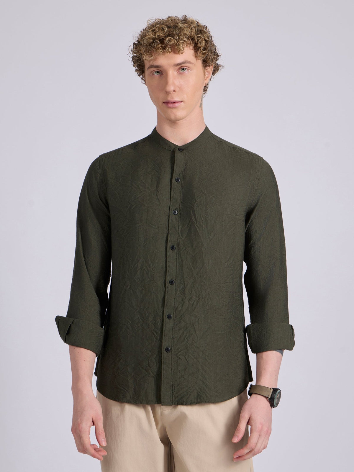 Pryor - Band Collar Plain Shirt - Green - Espanshe