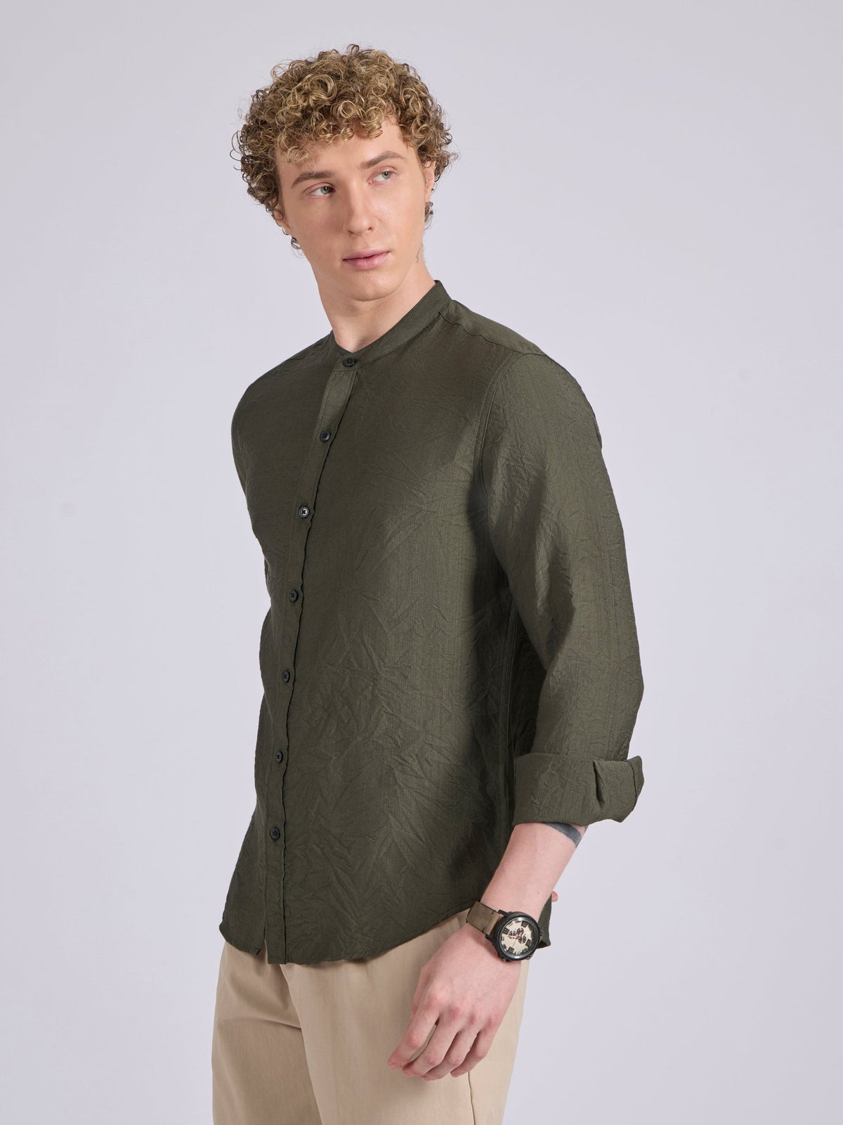 Pryor - Band Collar Plain Shirt - Green - Espanshe