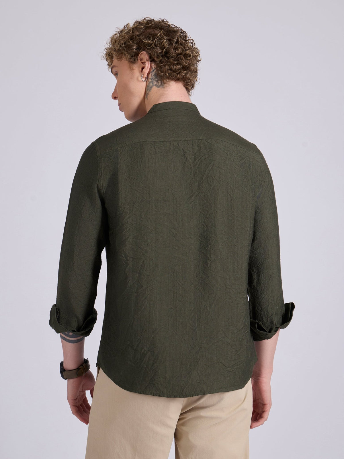 Pryor - Band Collar Plain Shirt - Green - Espanshe