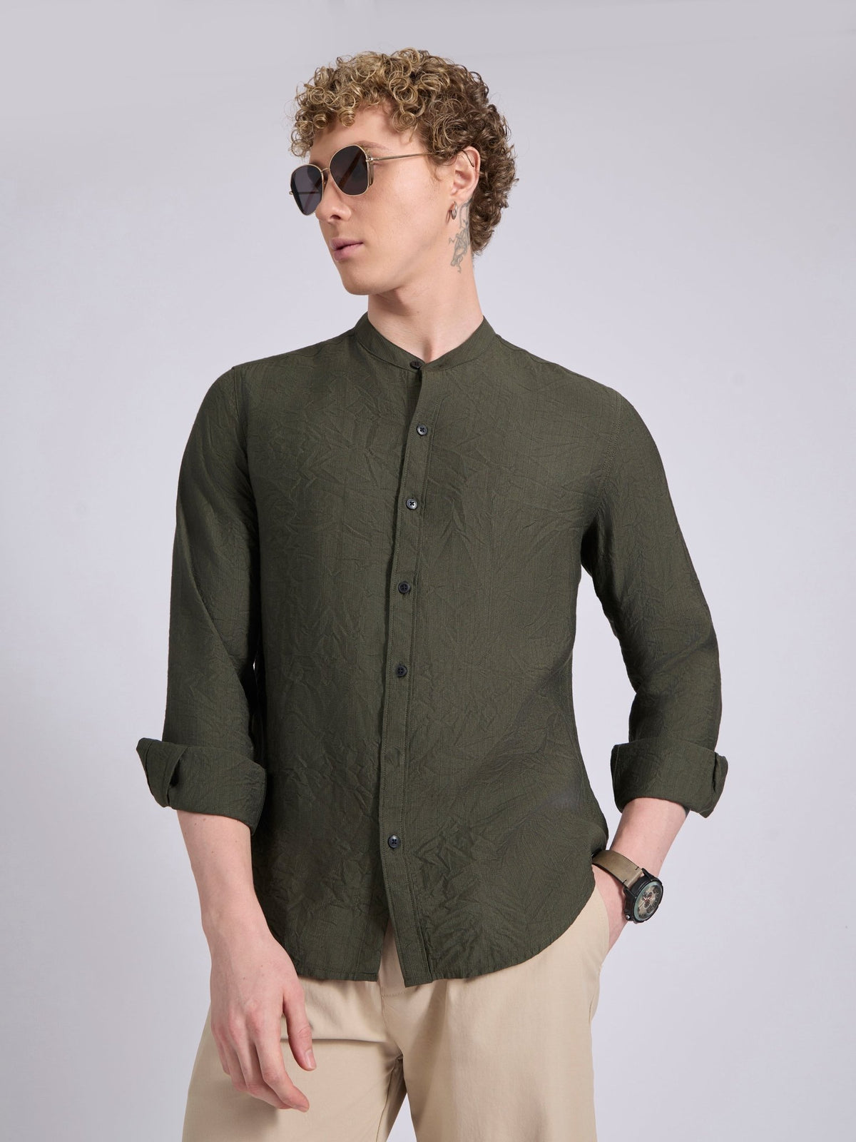 Pryor - Band Collar Plain Shirt - Green - Espanshe