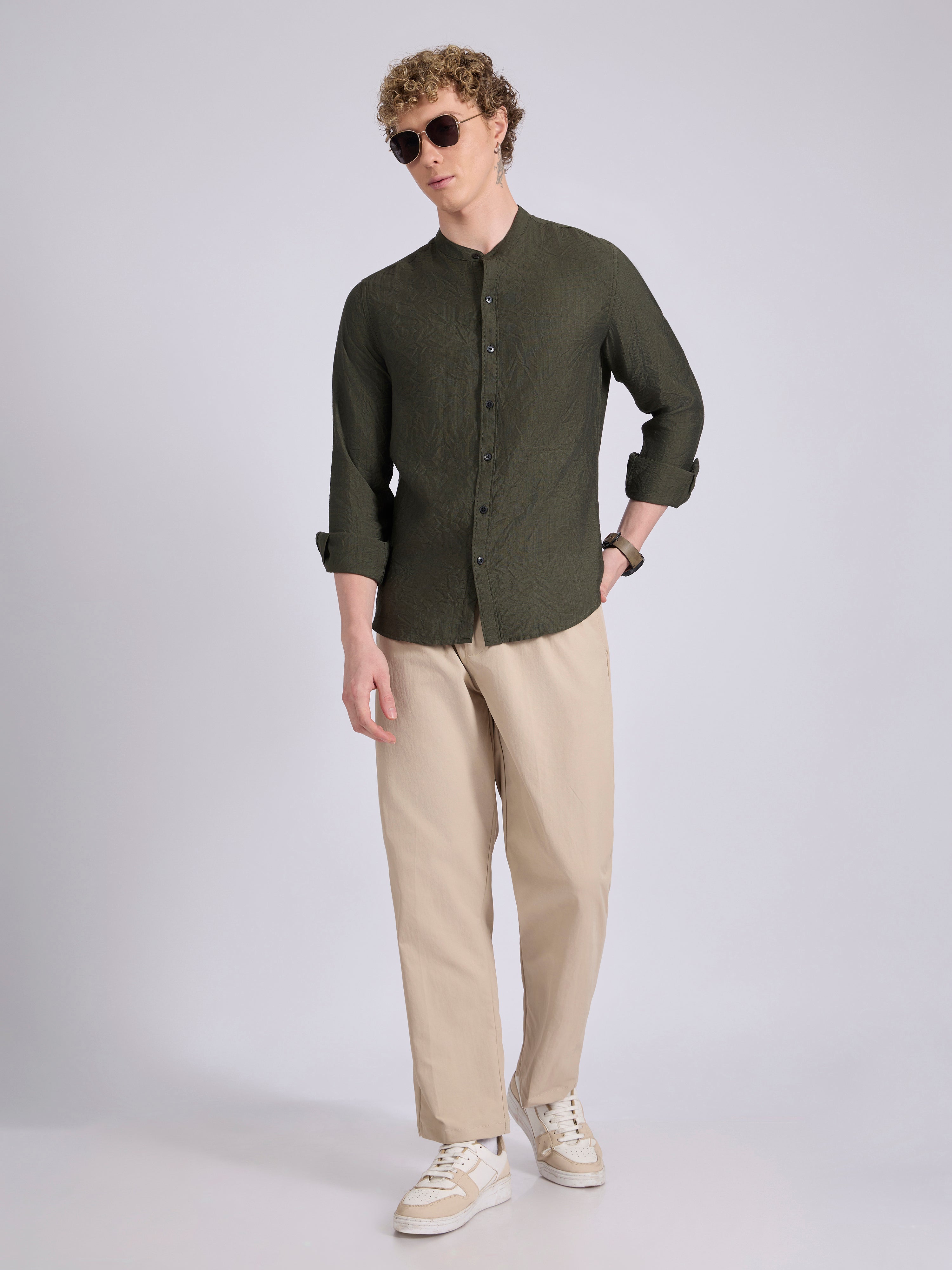 men's Mandarin Collar Plain Shirt -green color