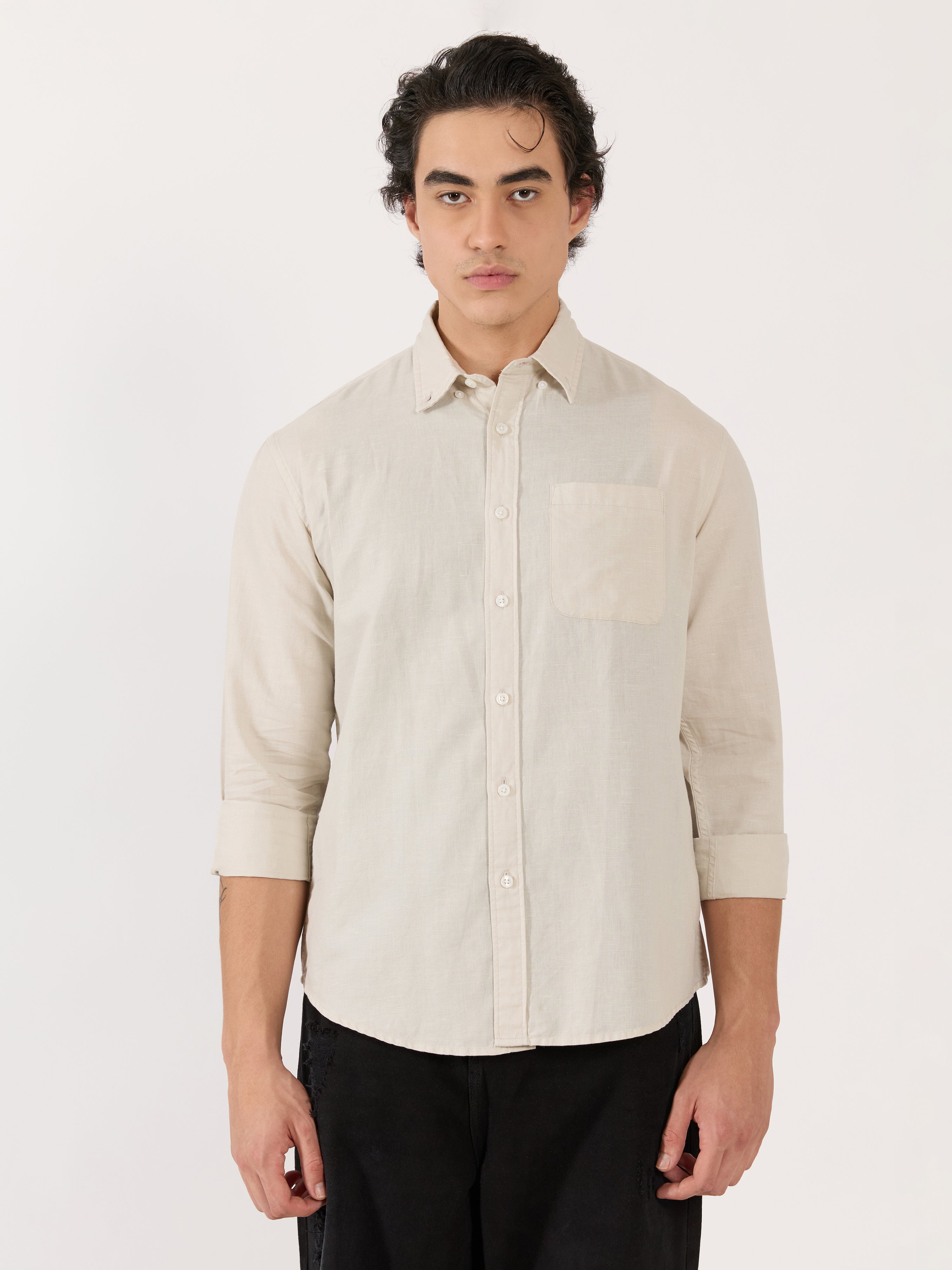【H】neau linen tops cream LINEN LONG SLEEVE CROP SHIRT BEIGE |Manuka