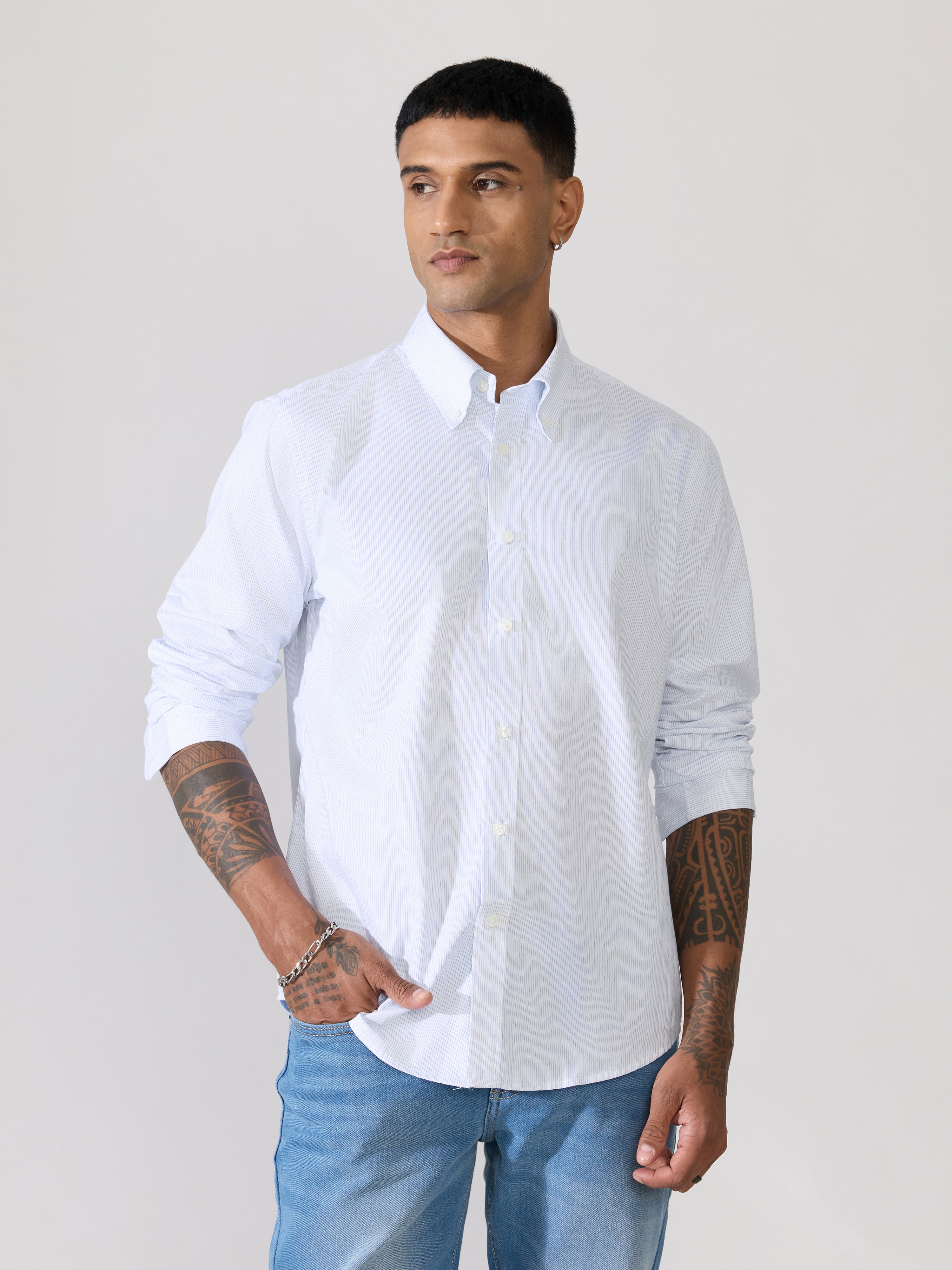 Erzela - Smart Fit Striped Shirt - Light Blue