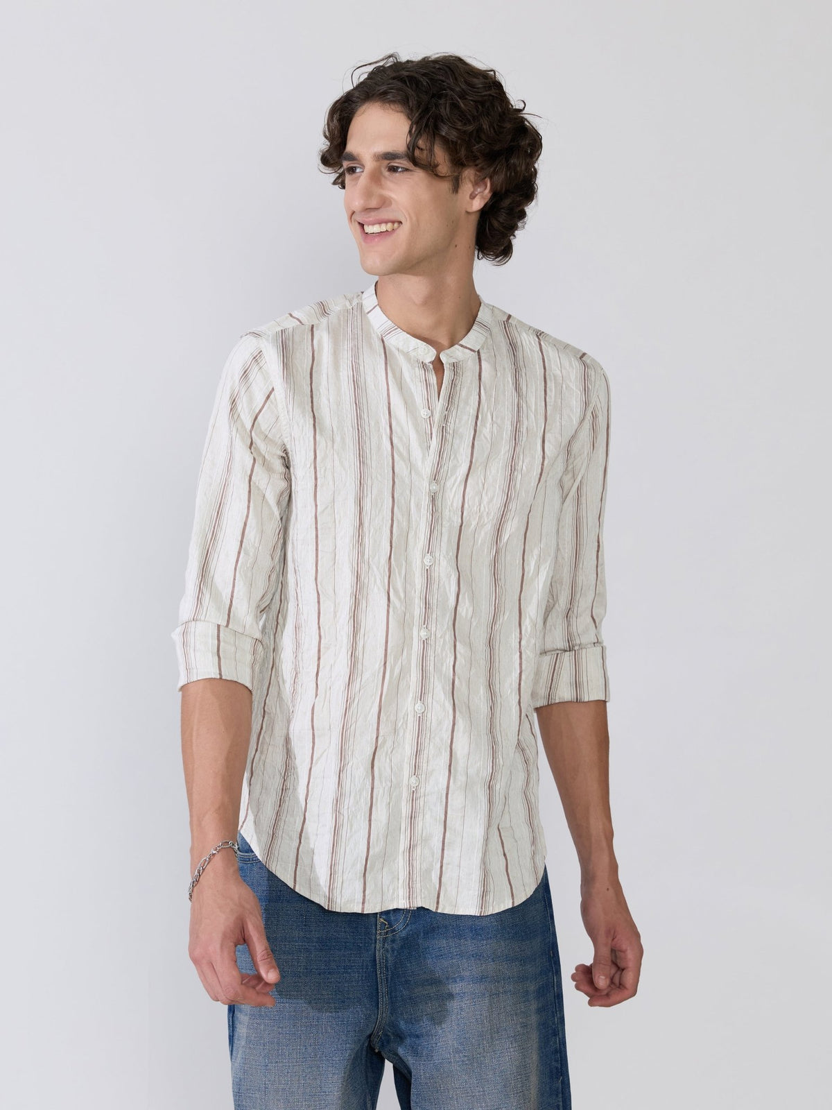 Aumena - Crinkle Pattern Striped Band Neck Shirt - Ivory White - Espanshe