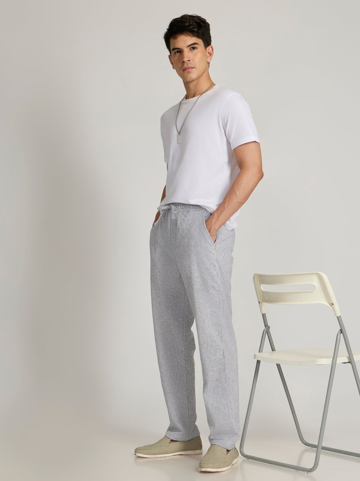 Corbin - Striped Seersucker Trousers - Grey - Espanshe