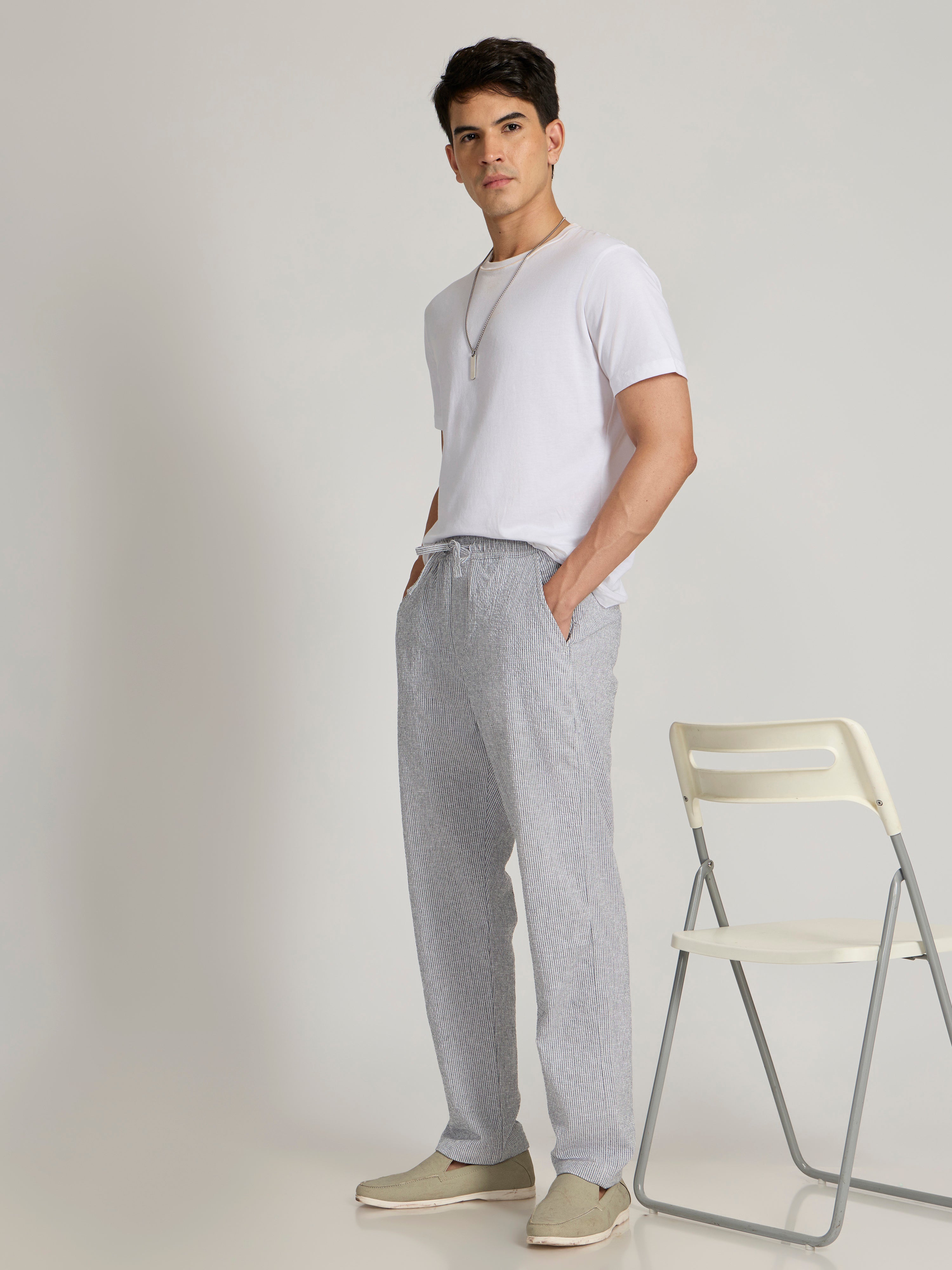 mens Striped Seersucker Trousers - Gray