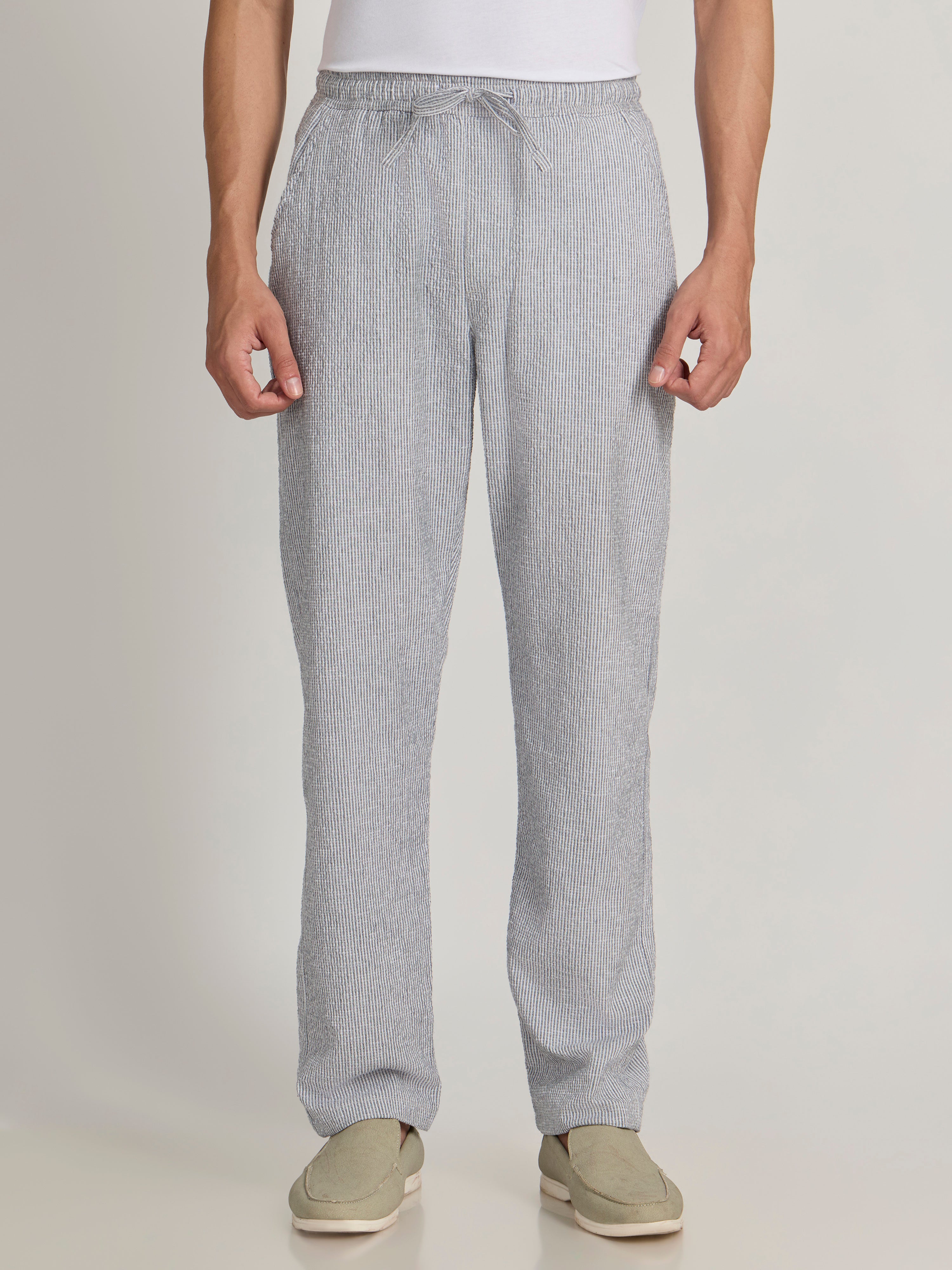 メンズウェア CLUBHAUS Seersucker Trousers Gray Stripe Corbin - Striped Seersucker Trousers - Grey – Espanshe