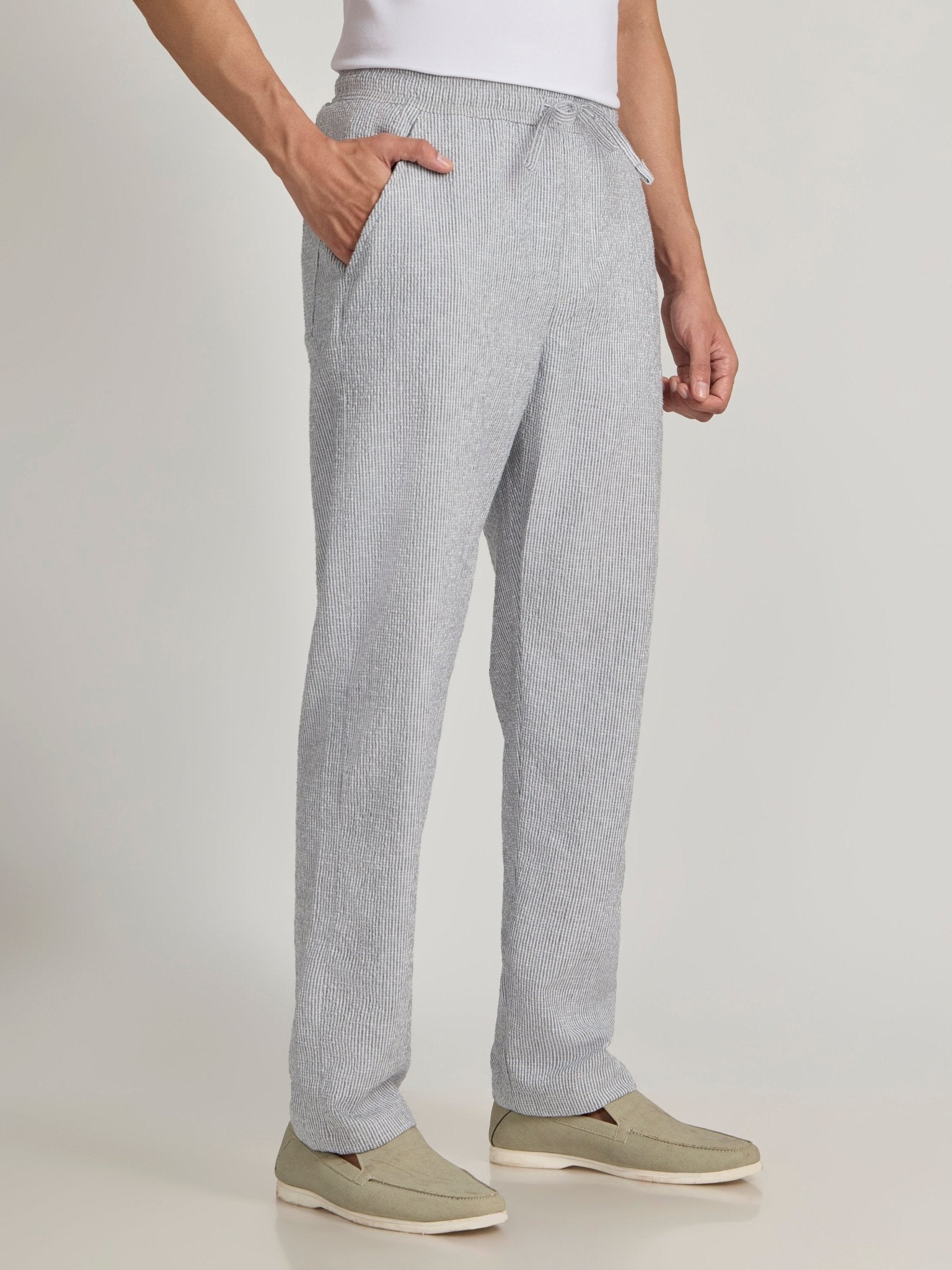 Corbin - Striped Seersucker Trousers - Grey - Espanshe