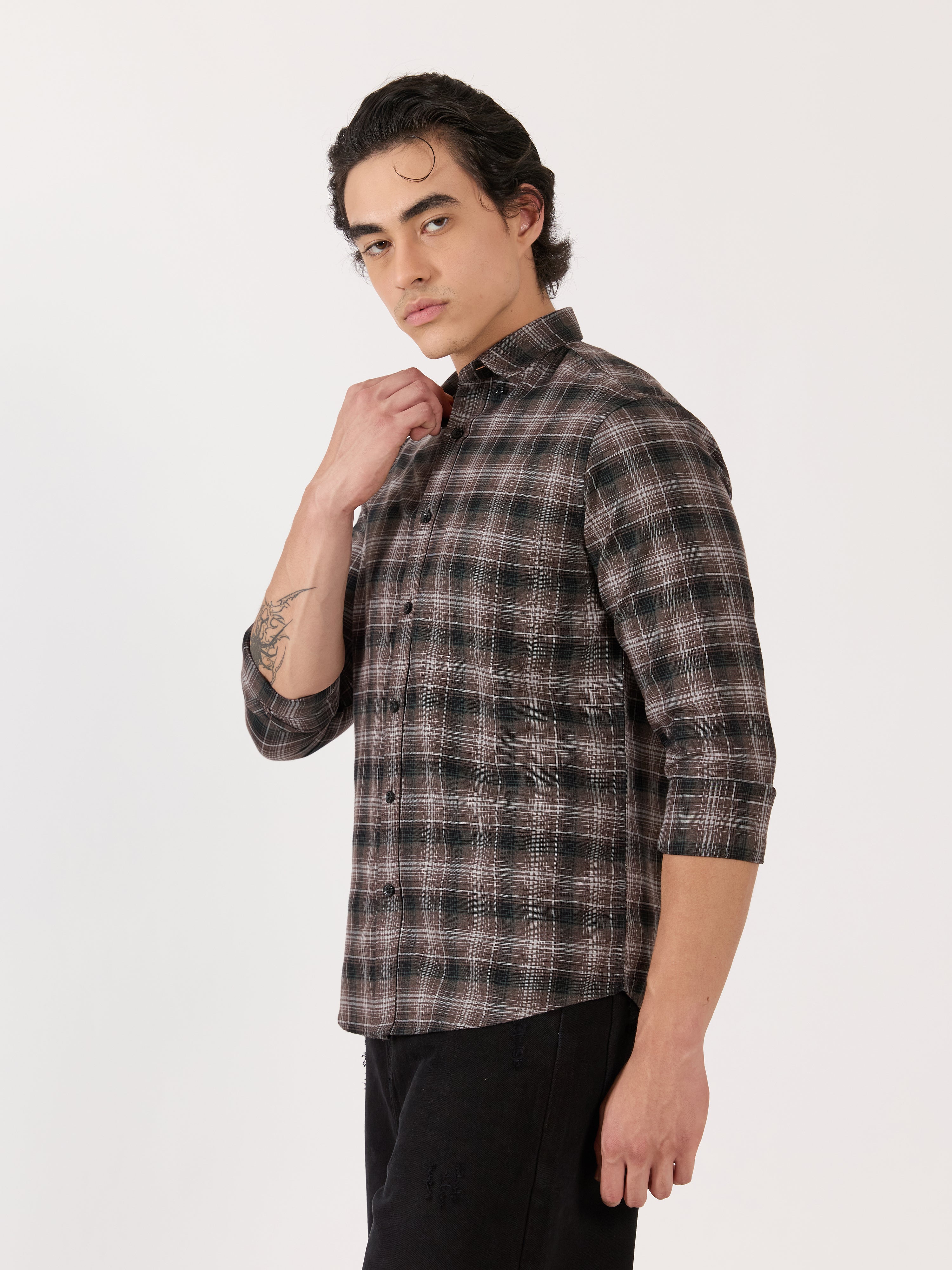 Men's Turkish Fit Checked Shirt - Brown