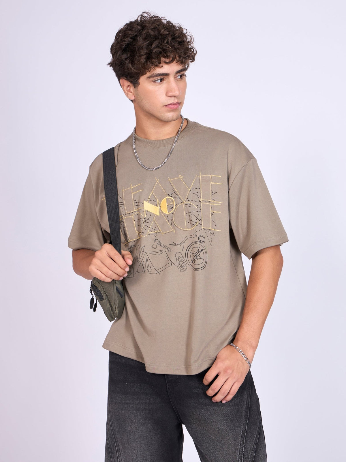Trace - Leave No Trace Printed Loose Fit T-Shirt - Light Olive - Espanshe