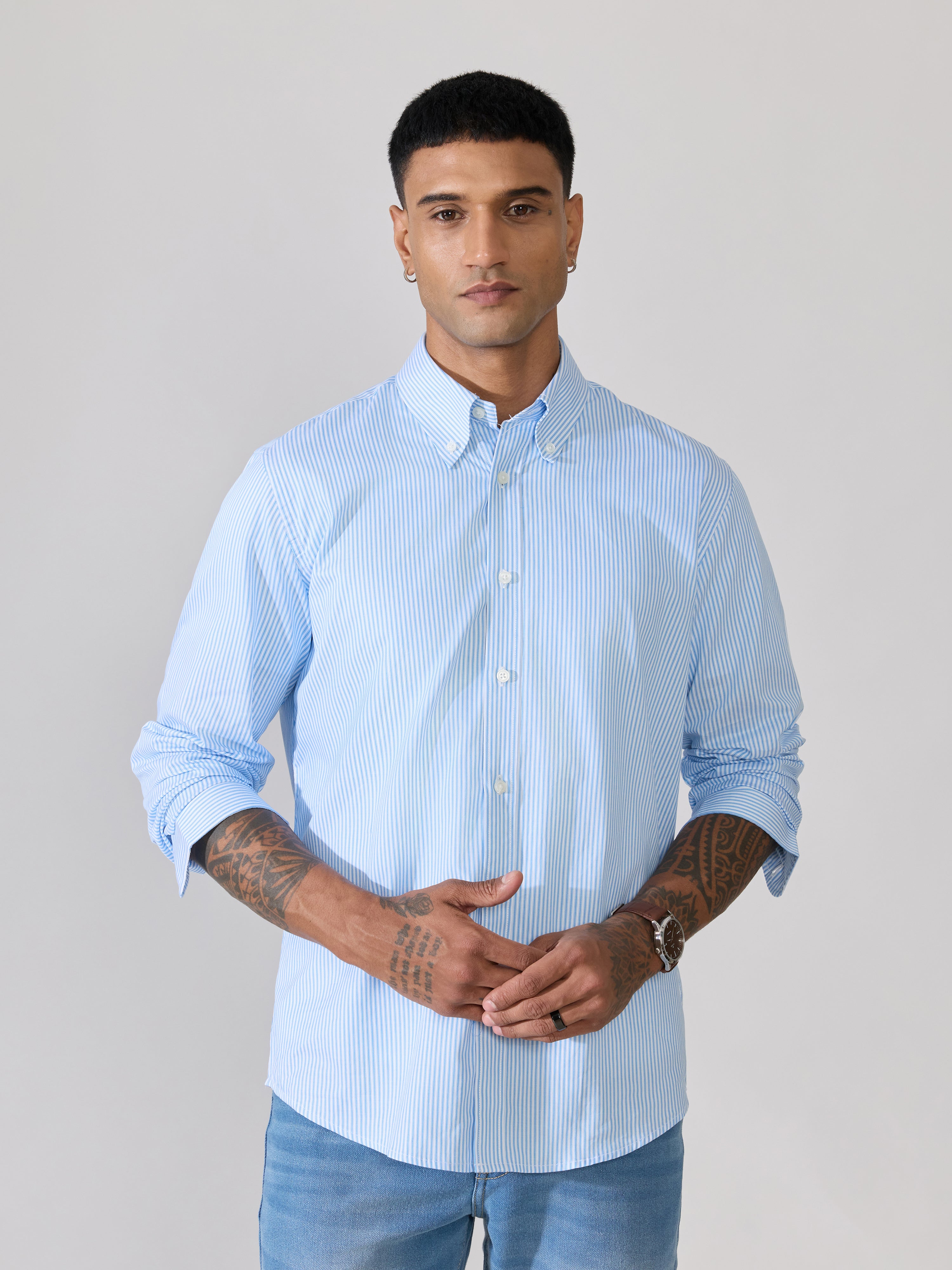 Men's Smart Fit Striped Shirt - Sky Blue