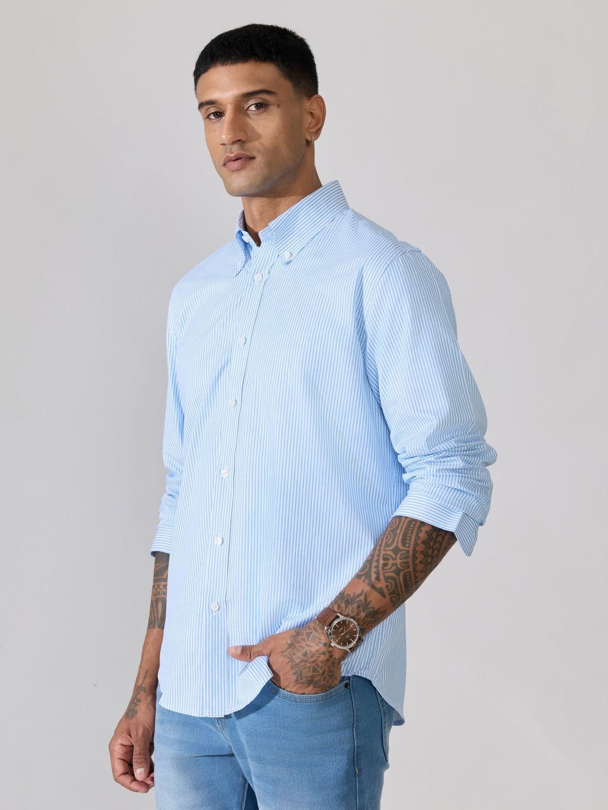 Erzela - Smart Fit Striped Shirt - Sky Blue - Espanshe