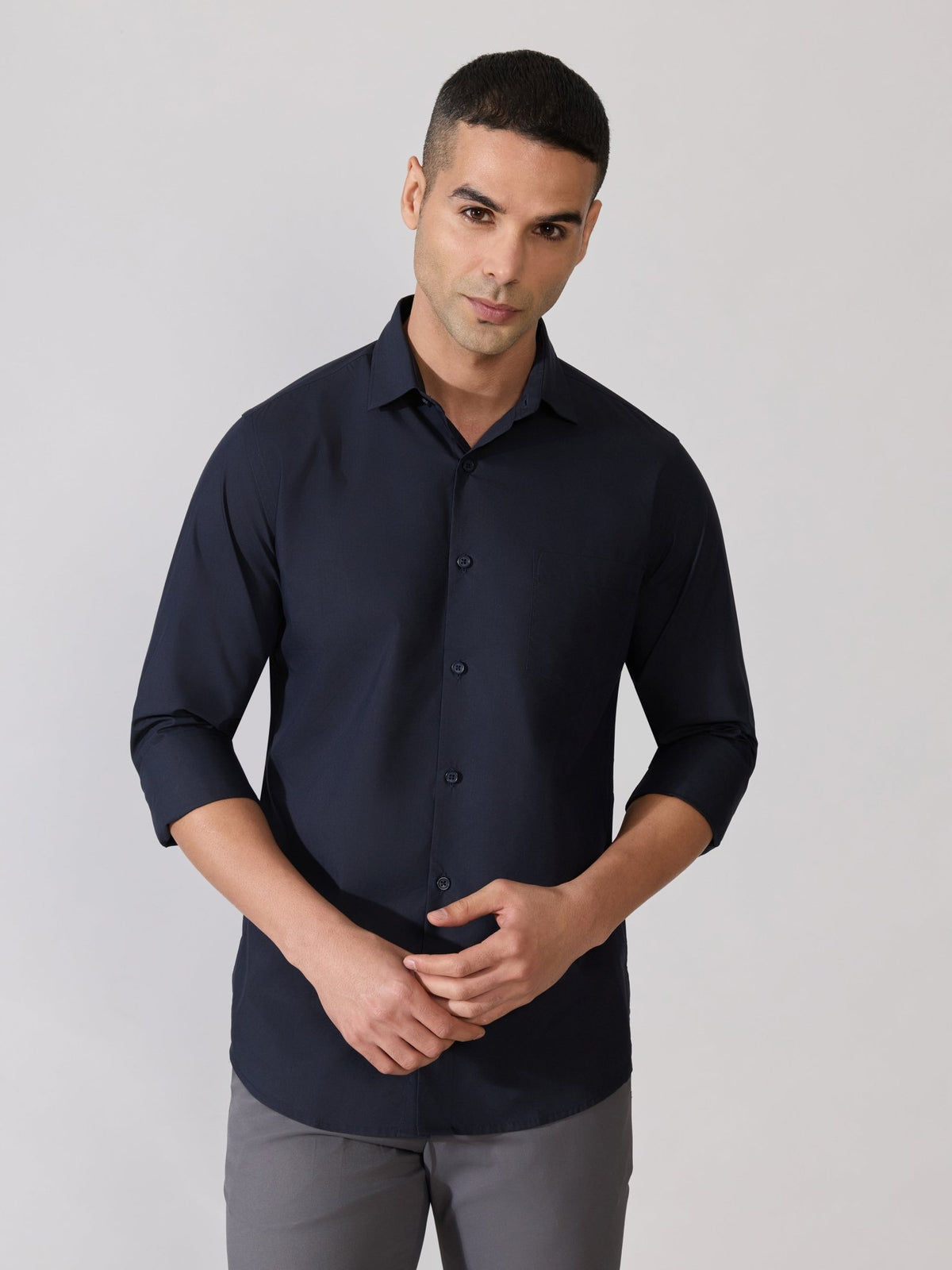 Valerius - Trim Fit Poplin Shirt - Navy Blue - Espanshe