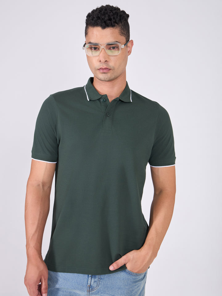 Men's Polo T-Shirt with Contrast Tipping - bottle green