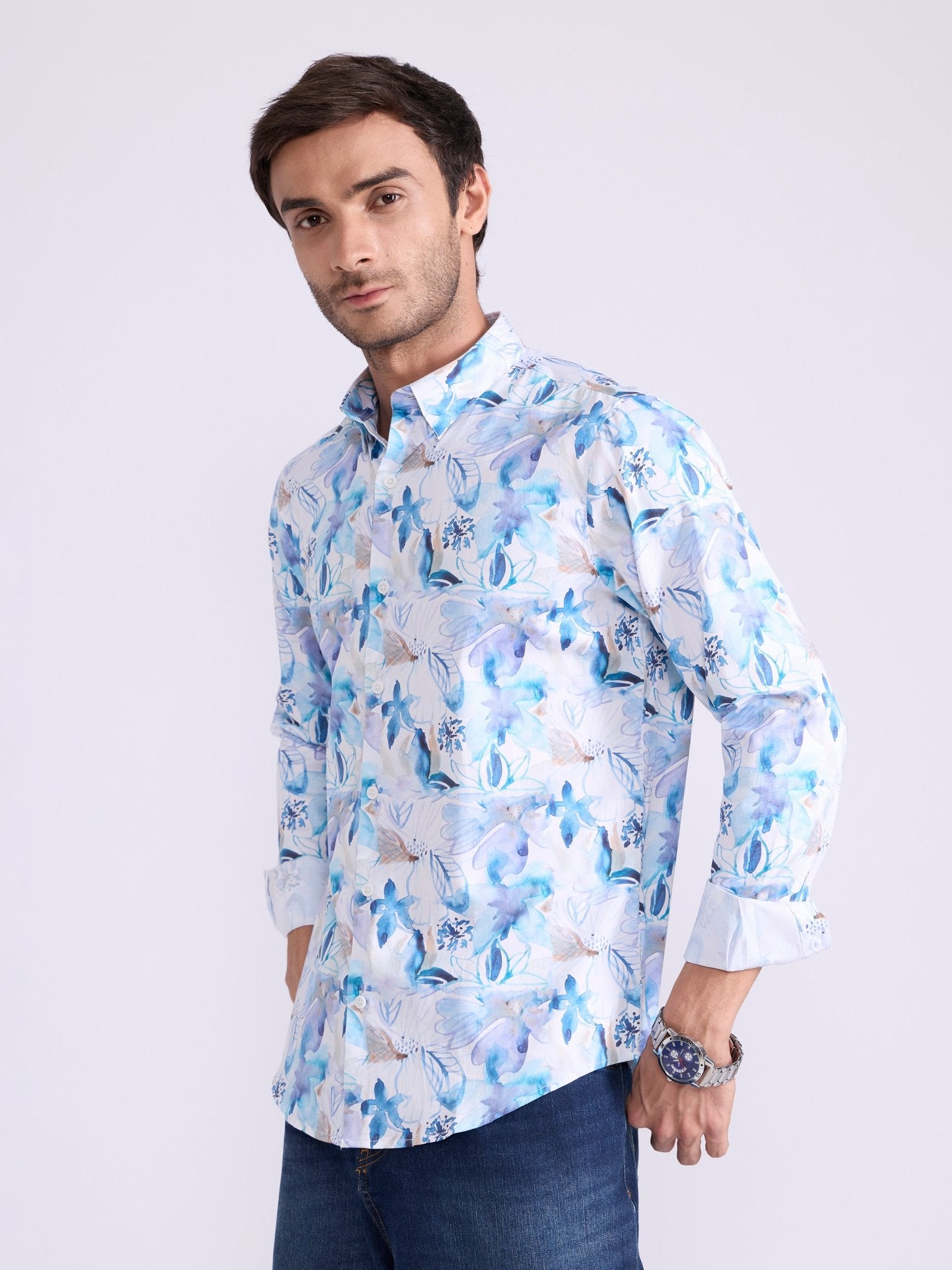 Ulfred - Satin Floral Printed Shirt - Dodger Blue - Espanshe