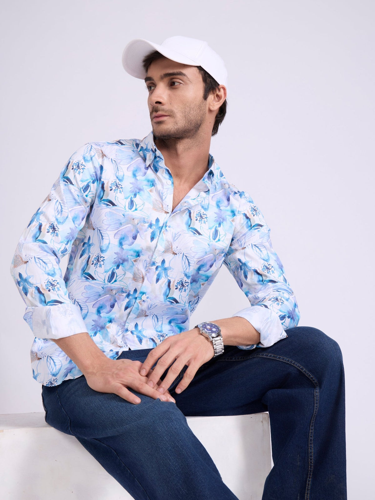 Ulfred - Satin Floral Printed Shirt - Dodger Blue - Espanshe