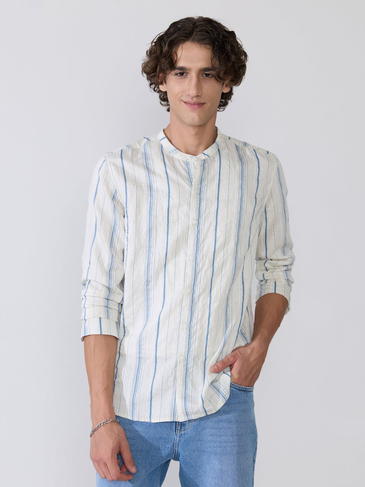 Aumena - Crinkle Pattern Striped Band Neck Shirt - Blue - Espanshe