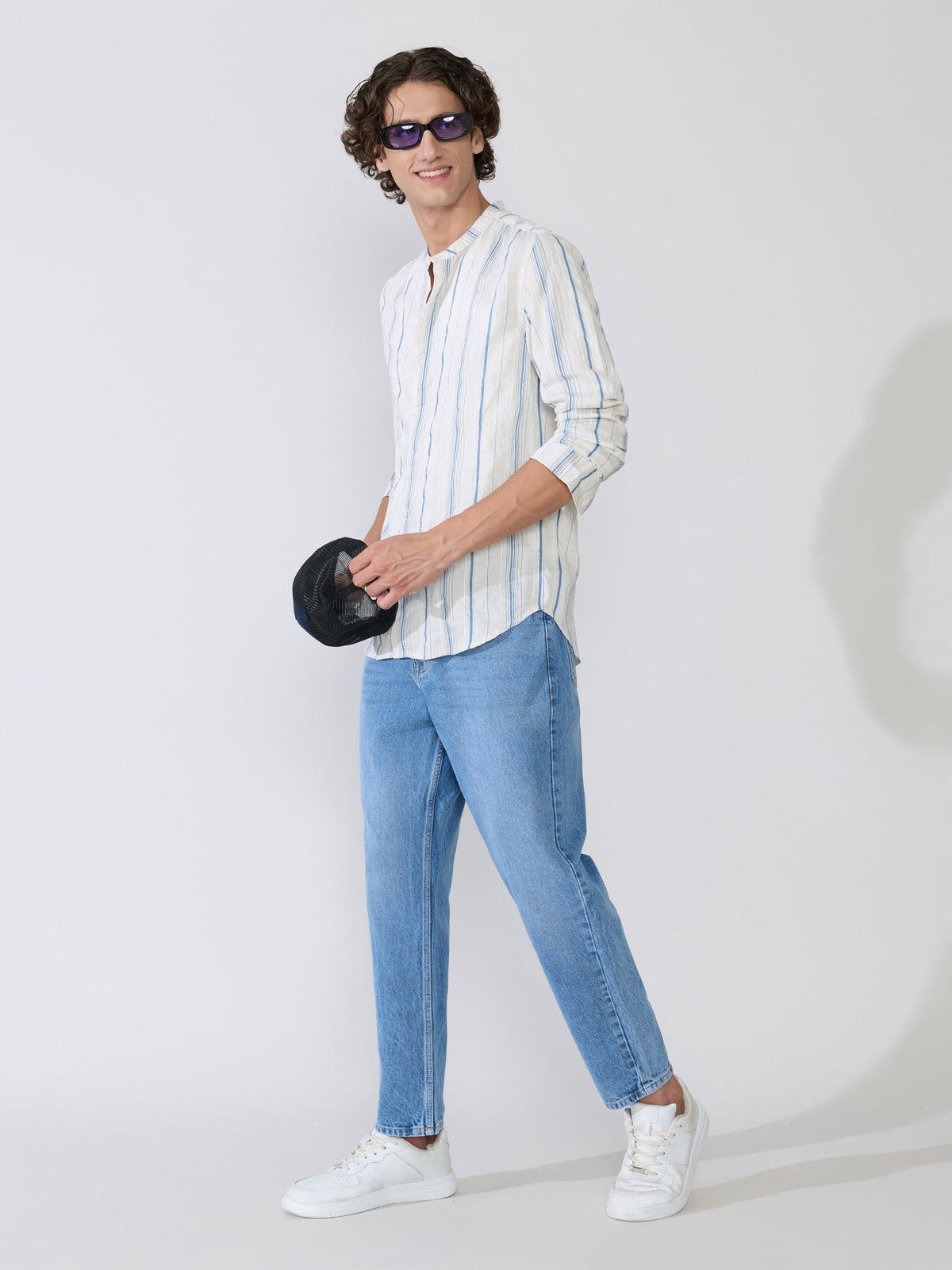 Aumena - Crinkle Pattern Striped Band Neck Shirt - Blue - Espanshe