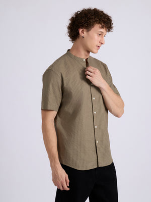 Men's Band Collar Striped Shirt - olive brown