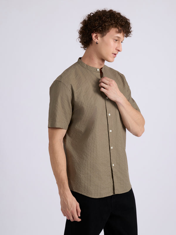 Zabriel - Band Collar Striped Shirt - Olive Brown