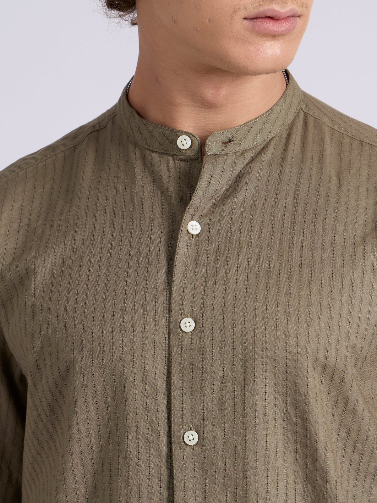Zabriel - Band Collar Striped Shirt - Olive Brown - Espanshe
