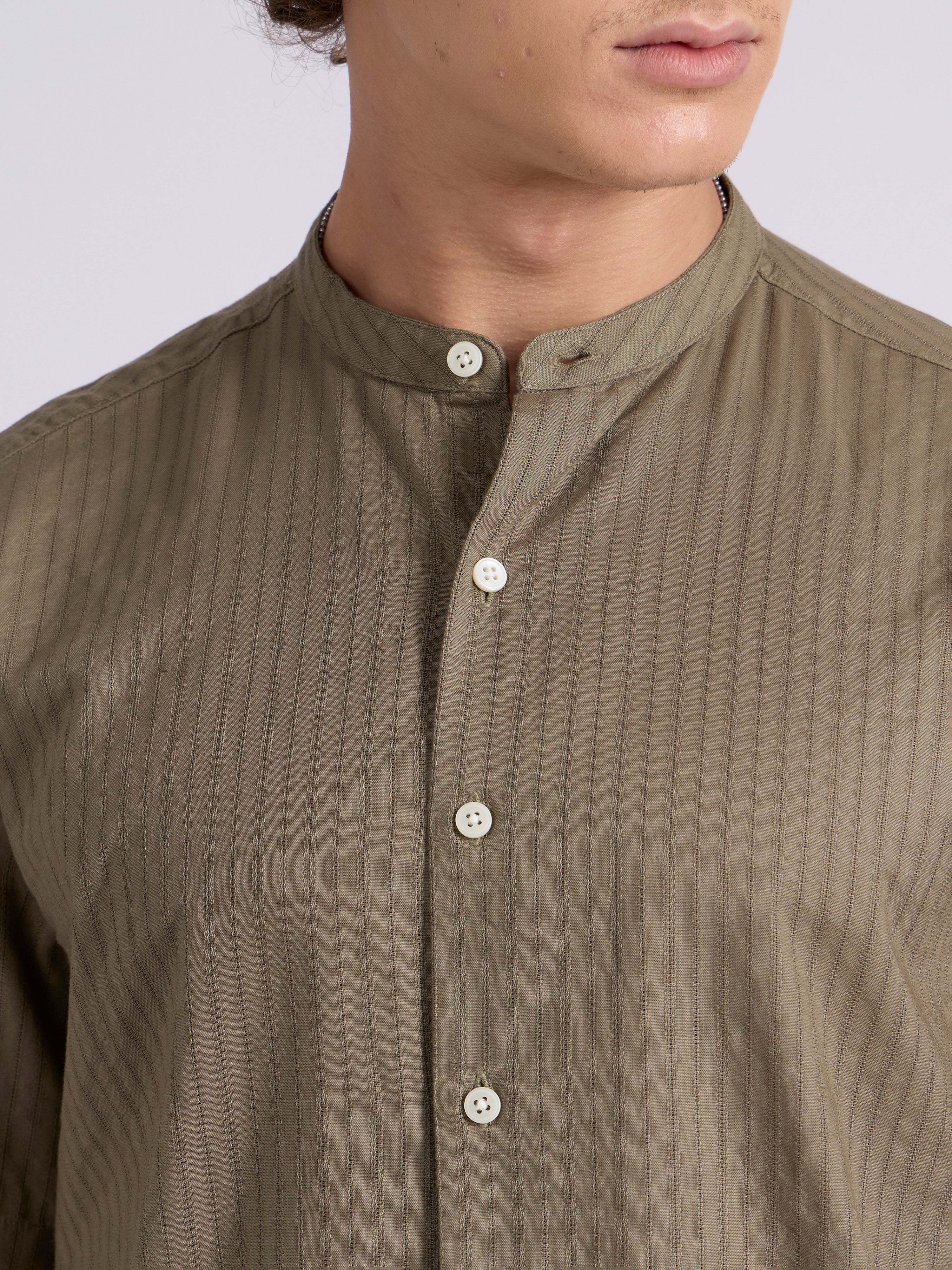 Men's Band Collar Striped Shirt - olive brown